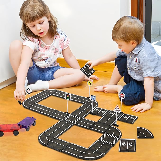 Playmags Magnetic Tiles Road Set - 50 Pcs STEM Educational Construction Toy Car Track, Building Blocks Magnet Toys for Toddlers, Safe for Ages 3+