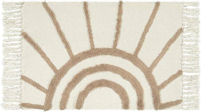 OJIA Boho Bathroom Rug 2'x3', Handwoven Washable Bath Mat with Tassels, Bohemian Beige Small Rug Entry Rug, Farmhouse Tan Sun Tufted Kitchen Runner Cotton Throw Rug for Bedroom/Laundry Room