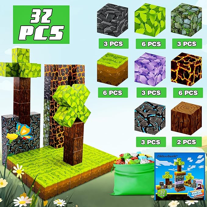 32pcs Magnet Building Blocks Montessori Stacking Toys for Toddlers ,Magnetic Tiles Building STEM Toys for Boys & Girl Kids Toddler Toys for 3+ Years Old