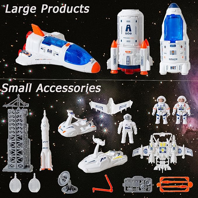 Space Shuttle Toys Set with Light and Sound, Rocket Ship Toys Playset with Spray Effects, Astronaut Toy for Kids 3-5, Outer Space ToyGift for Boys & Girls