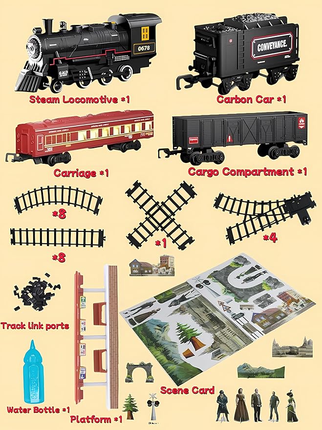 Train Set Train Toys for Kids w/Smokes, Lights & Sound Electric Trains w/Steam Locomotive Train Carriages & Luxury Tracks Model Trains for 3 4 5 6 7 8+