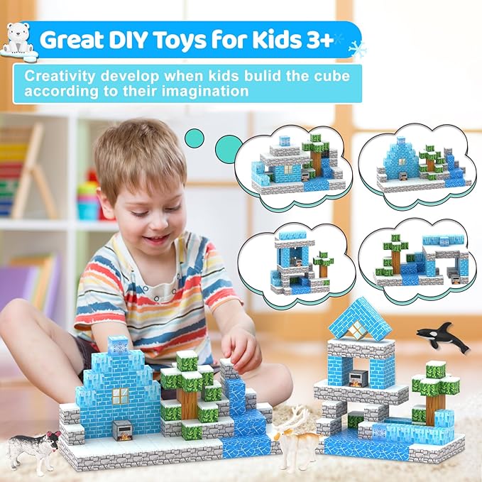 Magnetic Blocks 110PCS with 6 Animal Toys, Snow World Building Blocks Set, Boys & Girls Age 4-6,5-7,6-8, Stacking Building for Toddlers & Kids 3+