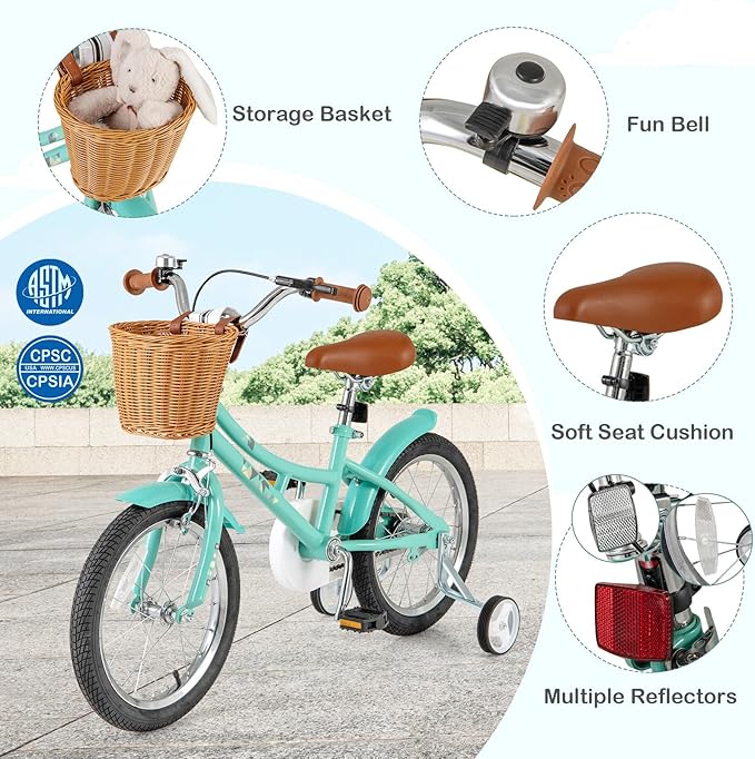 BABY JOY Retro Kids Bike, 12 14 16 18 Inch Child Bike for 3-8 Years Old w/Rattan Basket, Adjustable Height, Training Wheels, Fenders, Handbrake Coaster Brake, 95% Pre-Assembled Kids Bicycle for Girls