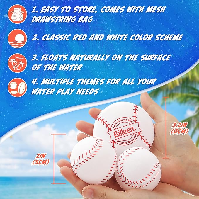 4Pcs Water Skipping Balls for Pool Play(Baseball Theme), Water Pool Beach Swim Toys for Kids Ages 4-8, 8-12 and Adults, Include 2 Balls and 2 Discs