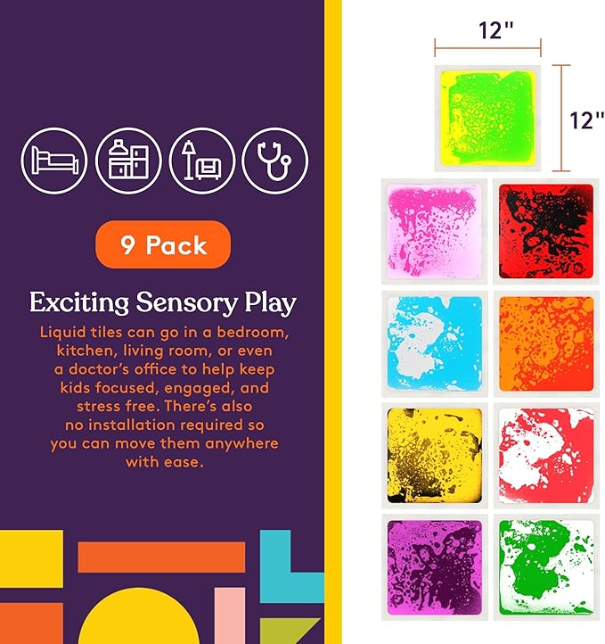 Special Supplies Square Floor Liquid Tiles for Kids, Set of 9, Colorful Early Learning Sensory Activity Mats for Toddlers and Children, Anti-Slip Backing for Active Play, Dance, and Games