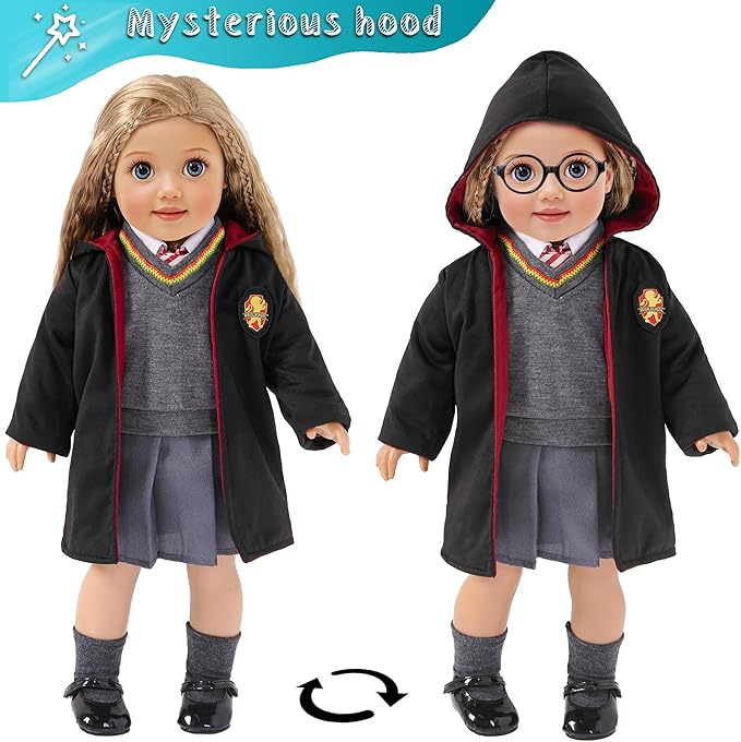 Magic School Uniform Inspired Halloween Costume Doll Clothes Clothing Outfits Accessories Set 10 Pcs for 18 inch Girl Dolls