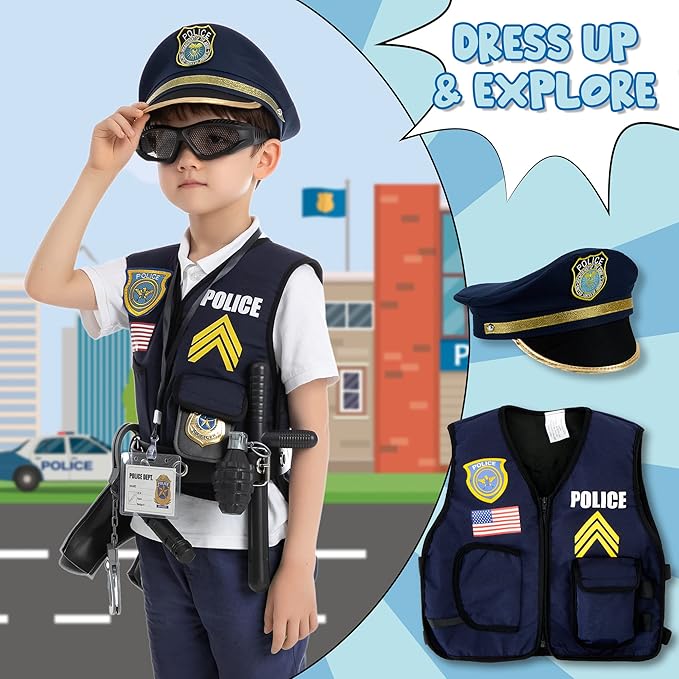 JOYIN 14 Pcs Police Pretend Play Toys Hat and Uniform Outfit for Halloween Dress Up Party, Officer Costume, Role-playing