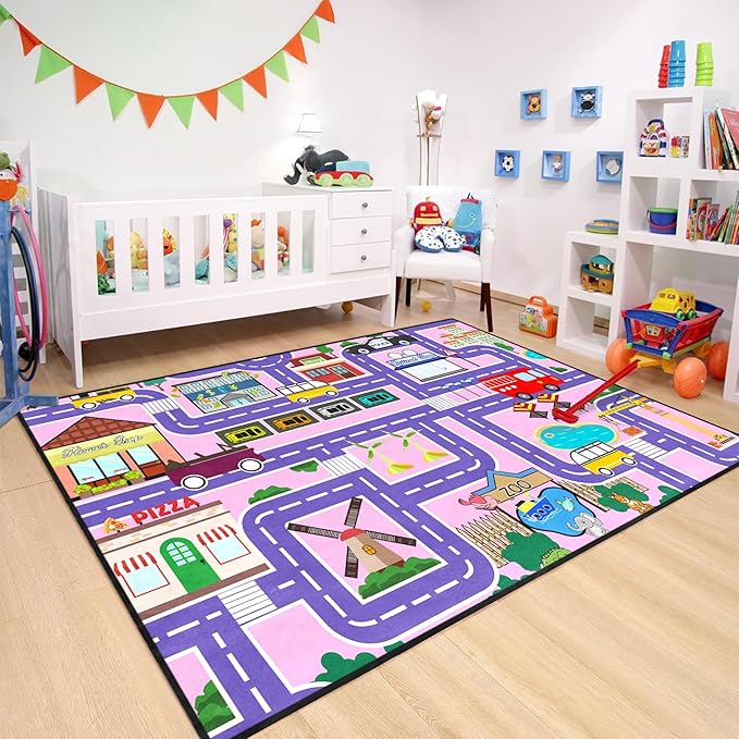 Car Rugs for Kids Toy Cars - Car Track Carpet for Boys Road Rug for Kids Bedroom Road Map Carpet for Girls Toy Play Mat Farm, 4. 5x6 Feet