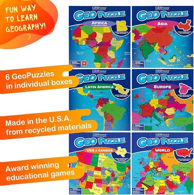 GeoToys GeoPuzzle, Country-Shaped Jigsaw Puzzles Set of 6, Geography Puzzle, Geography Game & Map Puzzle - Jigsaw Puzzles for Kids Ages 6-9 Years Old