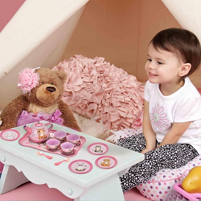 Cat Tea Party Set for Little Girls - 19pcs Pretend Play Toy, Birthday Gift for Toddlers Ages 3 4 5 6 Year Old, Includes Kitten Tin Tea Set, and Carrying Case - Ideal Stocking Stuffers for Kids