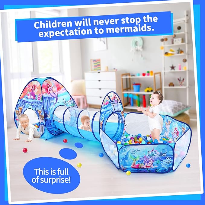 3 in 1 Kids Mermaid Play Tent for Toddler with Baby Ball Pit and Play Tunnel, Children Indoor Outdoor Playhouse with Crawling Tunnel Toy for Toddlers (3pc Mermaid Ball Pit)