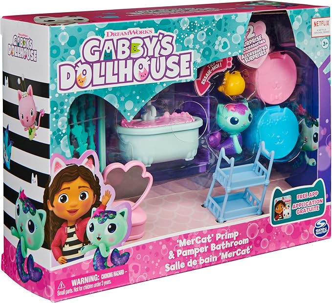 Gabby's Dollhouse, Primp and Pamper Bathroom with Mercat Figure, 3 Accessories, 3 Furniture and 2 Deliveries, Kids Toys for Ages 3 and up