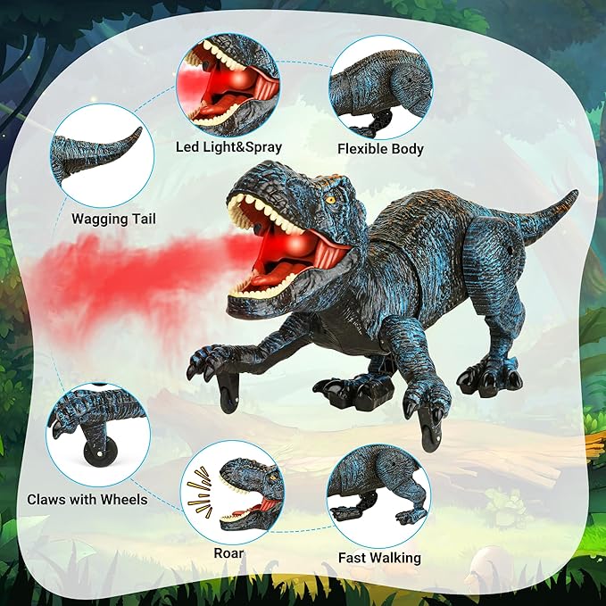 Remote Control Robot Dinosaur Toys for Kids 5-7,2.4G Electronic RC Walking Dinosaur Pet for Boys 4-7 with Spray & Light & Roar,Large Dino Toys for Kids 3-5 Year Old Christmas Birthday Gift (Blue)
