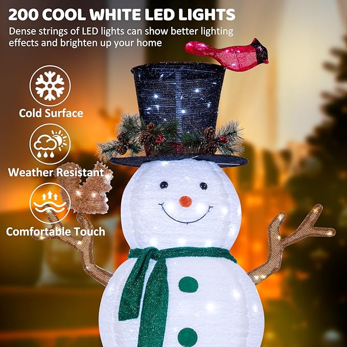 6FT Lighted Snowman Outdoor Christmas Decorations with Reinforced Base, Pop-Up Christmas Décor with Build-in 200 LED Lights, Collapsible Snowman with Top-Hat Scarf, Decoration for Lawn Yard
