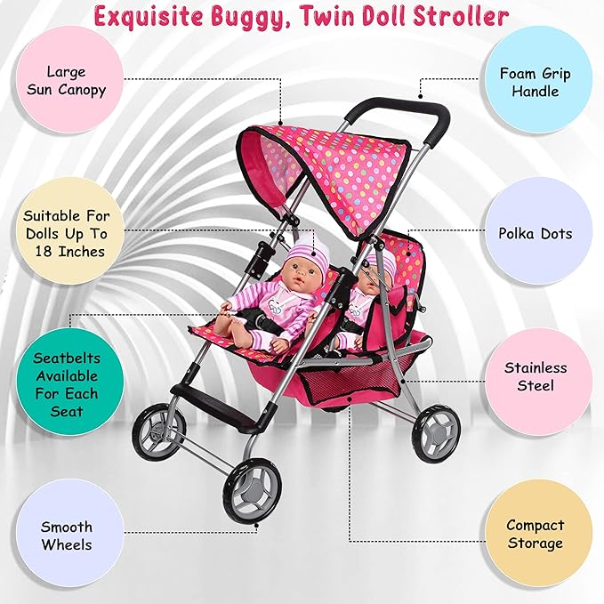 Toy Doll Stroller - Pretend Play Doll Stroller for Dolls - Toy Stroller with Storage Basket for Doll Accessories Set - Polka Dot Design Stroller Toy for Kids
