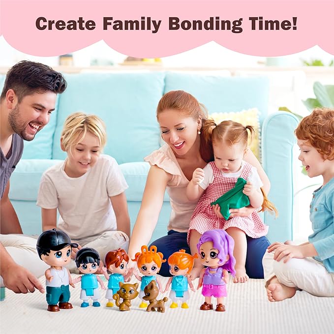 Funerica Dollhouse People, 8 Family Figures and Pets Playset - Bendable Little People Figures - Perfect for Imaginative Fun and Dollhouse Play - Play Doll House Accessories