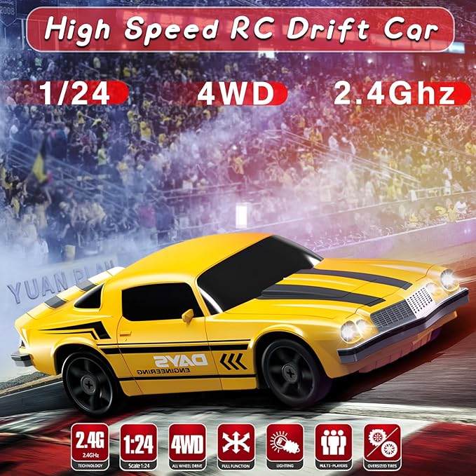 1/24 2.4GHz 4WD Remote Control Drift Car for Boys Girls - Mini RC Car With Light, Rechargeable Battery, and Drift Tires - Yellow Birthday and Xmas Toy for Kids