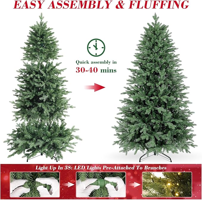 6ft Christmas Tree Prelit w/ 2085 PE & PVC Mixed 'Feel Real' Branch Tips, 400 Warm LED Lights, Hinged Spruce Artificial Xmas Tree with Metal Stand & Bag for Home, Office, Party Décor