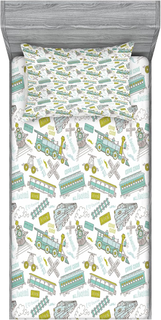 Ambesonne Steam Engine Fitted Sheet & Pillow Sham Set, Choo Choo Train Pattern and Number Signs Vintage Travel Theme Print, Decorative Printed 2 Piece Bedding Decor Set, Twinxl, Apple Green Turquoise
