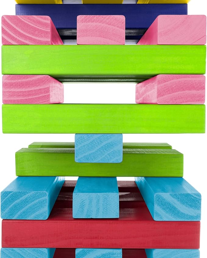 Hey! Play! Nontraditional Giant Wooden Blocks Tower Stacking Game with Dice, Outdoor Yard Game, for Adults, Kids, Boys and Girls (Rainbow Color)