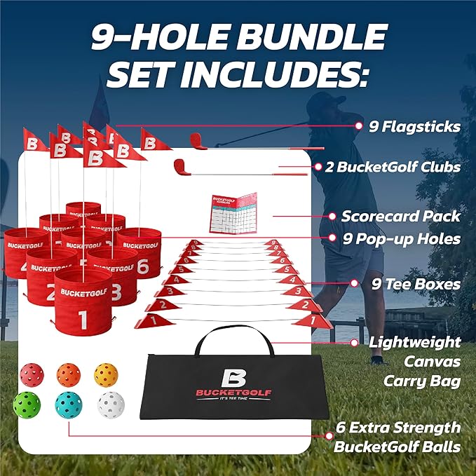 bucketgolf 9 Hole Bundle - Outdoor Golf Game for All Ages. Adults, Kids, Family. Play Anywhere - Yards, Beach, Park, Backyard. Includes 2 Clubs (1 RH + 1 LH)
