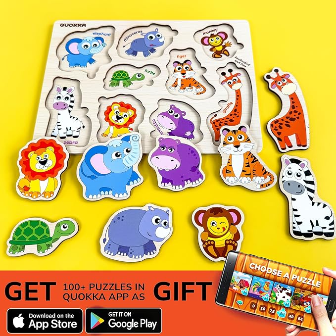 QUOKKA Wooden Puzzles for Toddlers 1-2 – Gift Realistic Educational Game for Boy and Girl - Animal Wild Learning Toy for Kids – Set Pegged Puzzles for Kids Ages 1-2