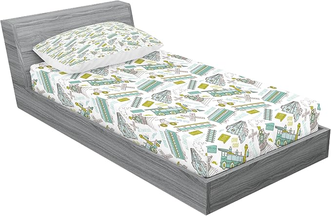 Ambesonne Steam Engine Fitted Sheet & Pillow Sham Set, Choo Choo Train Pattern and Number Signs Vintage Travel Theme Print, Decorative Printed 2 Piece Bedding Decor Set, Twinxl, Apple Green Turquoise
