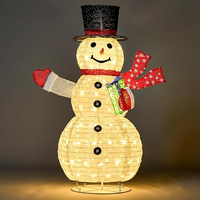 Joiedomi Snowman Christmas Decoration Outdoor, 120 LED Lighted Christmas Holiday Decorations, Collapsible Snowman Yard Lights Backyard Garden Lawn Xmas Decor, Snowman with Gift
