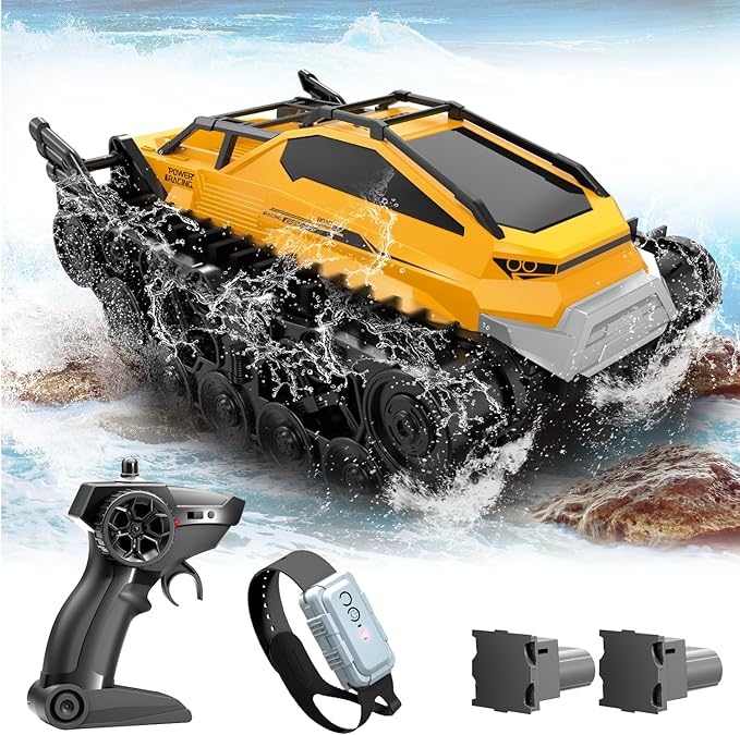 Fistone Amphibious Remote Control Car, 2.4Ghz All-Terrain Truck with Gesture Sensing, 360° Rotating RC Tank Crawler Waterproof Off-Road Car, Boat for Kids Boys