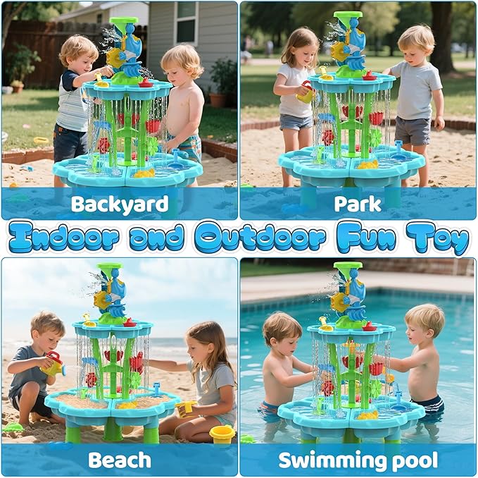 Kids Flower Water Sand Table for Toddlers - 2-Tier Outdoor Water Sand Play Table Toys for Boys Girls, Summer Splash Activity Sensory Table Party Birthday Gift for Kids 3-5 6-12