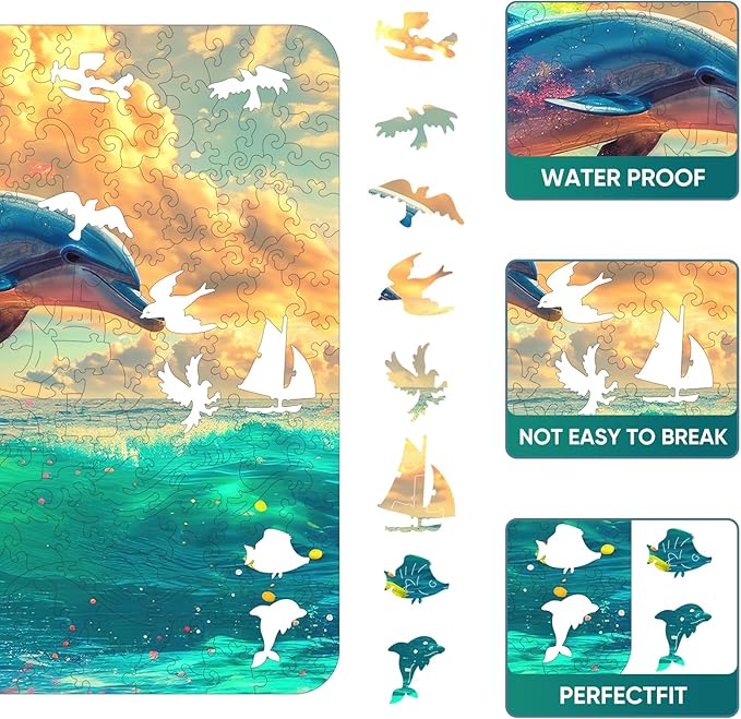 Wooden Puzzle for Adults, Dolphin Wooden Jigsaw Puzzles(19.1 * 15.2in-500pcs), Beautiful Wooden Puzzle with Box Birthday Gifts for Adults and Kids Family Game