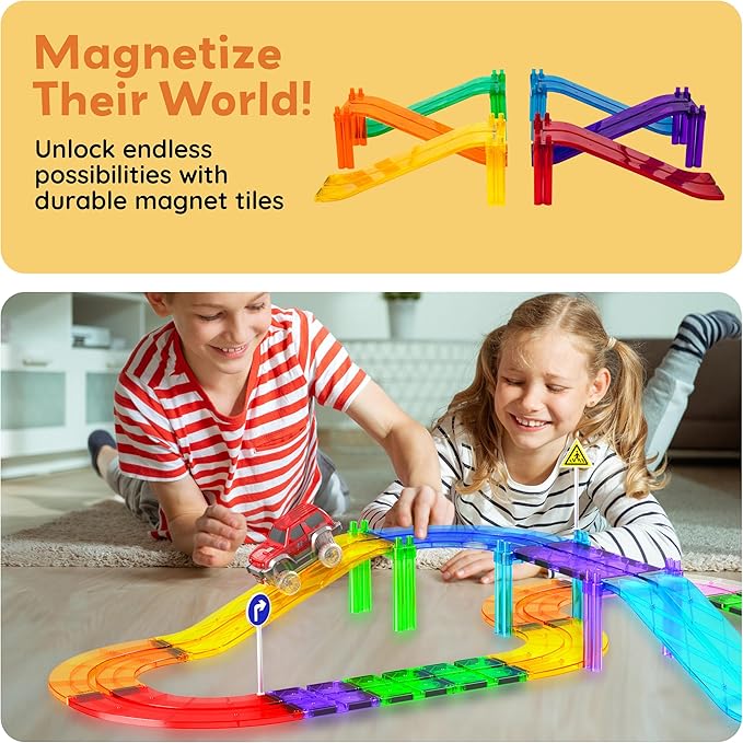 PicassoTiles 6 Piece Race Track Ramp Magnetic Building Block Set Magnet Tiles Construction Toy STEM Learning Kit Education Playset Playboard Pretend Play Stacking Blocks Child Brain Development PTR06