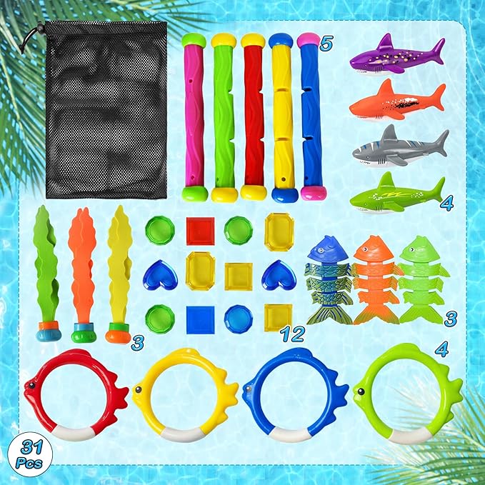 Jasonwell Pool Diving Toys Games - 31 PCS Swimming Pool Toys for Kids Teens with Diving Rings Dive Sticks Underwater Treasures Torpedo Bandits Fish Toy etc Fun Water Swim Toy for Boys Girls Adults
