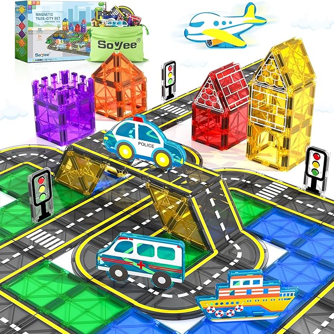 Soyee Magnetic Tiles Road Cars Set Magnetic Building Blocks Boys Toys Ages 3 4 5 6 7 8 Sensory Preschool Construction Toddler Toys Gifts for 3+ Year Old Boys Girls