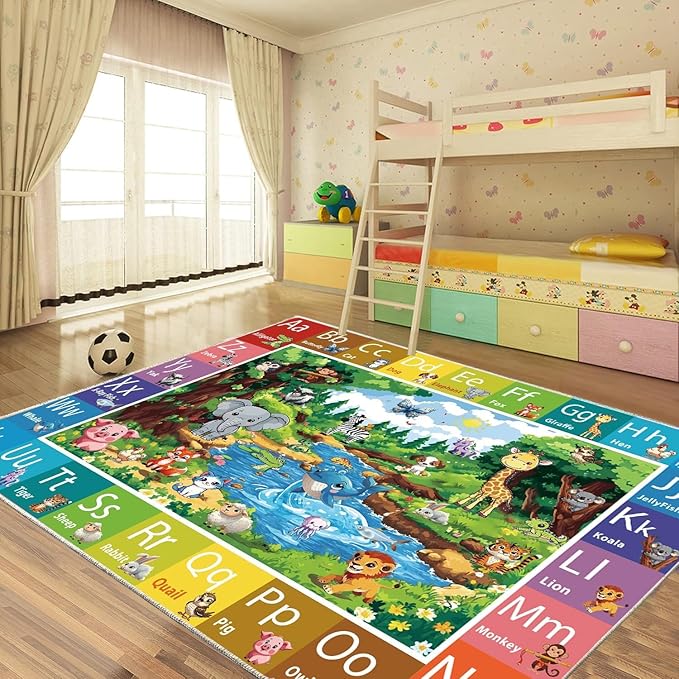 ABC Rug for Kids Room, ABC Baby Mats for Floor Toddlers, Non Silp Alphabet Play Mat Elementary Preschool Kid's Rugs with Animal Illustrations - (78.7X59 Inches)