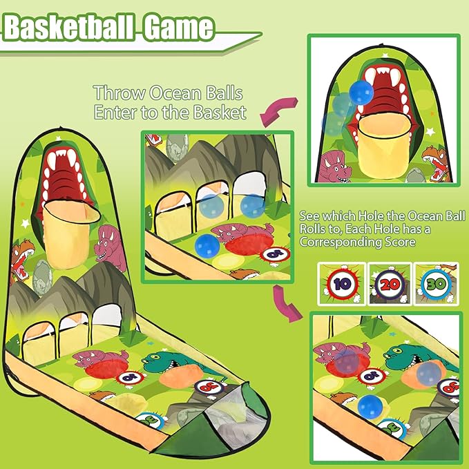 unanscre 3 in 1 Bean Bag Toss Game Toy Outdoor for Kids, Dinosaur Foldable Cornhole Board with Pop Up Basketball Game and Dartboard Set, Gift for Birthday/Xmas Party, Outside Toys for Toddlers Age 3+