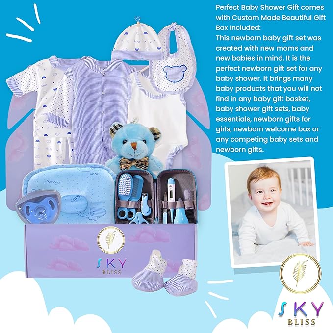 Sky Bliss 20 Piece Baby Gift Set (Blue), Newborn Baby Gift Set, Baby Clothes, Teddy Bear, Pacifier, Baby Grooming kit, Gifts for a New Baby Boy, Baby Boy Newborn Essentials