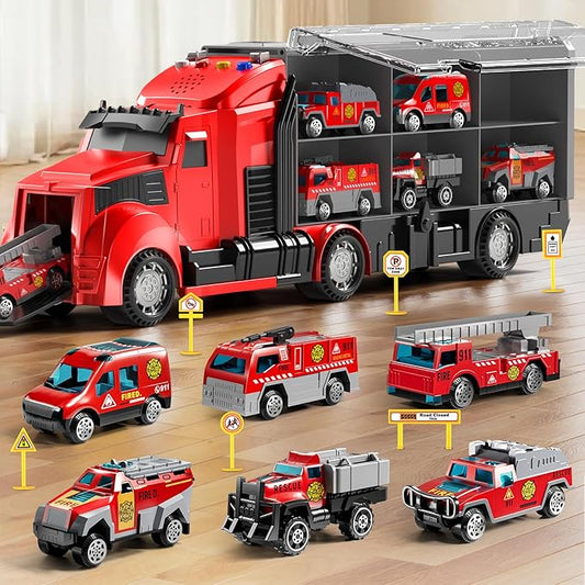 Fire Trucks Toy Set with Play Mat, Carrier Truck Play Vehicles Set for 3 4 5 6 Years Old Boys Kids, Die-Cast Car Toy for Toddlers 3-4 Years, Birthday Gifts Toys for 3-9 Year Old Boys