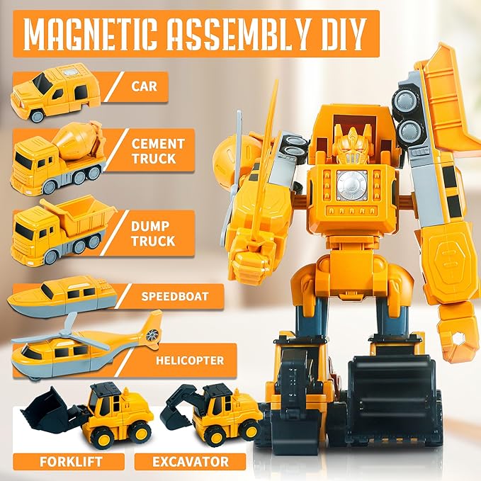 Magnetic Transform Engineering Car Assembled Toys with Storage Box, Transforming Robot Toy Construction Vehicle Toy Gift for Kids Age 3-5 4-8, Outdoor Toddler Activities Toys (35 Pcs)