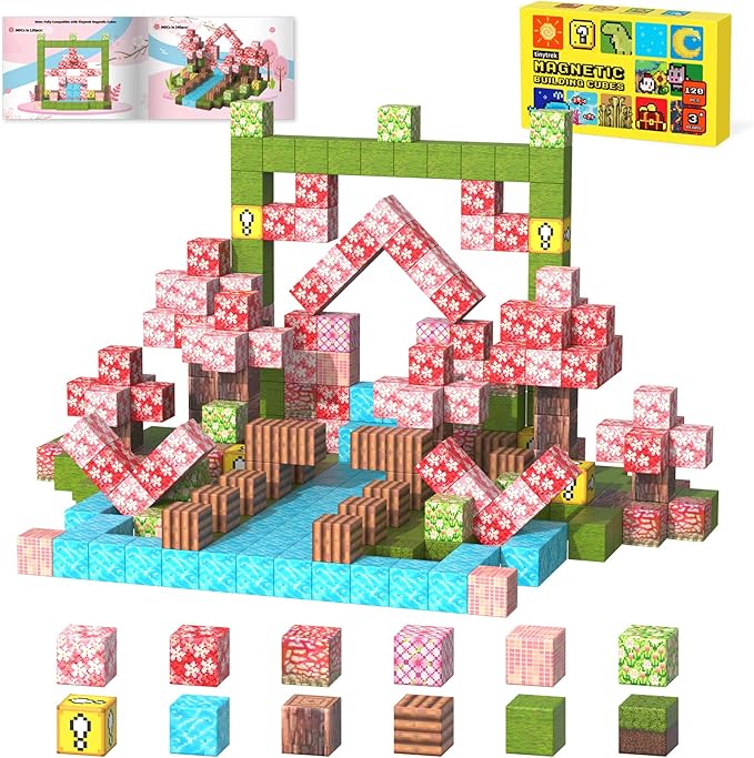 Magnetic Blocks-120PCS Magnets Cubes, Cherry Blossom Magnetic Building Blocks Toddler Toys for Age 3-4 5-7 6-8,STEM Sensory Toys Birthday Gifts for 3+ Years Old Boys & Girls