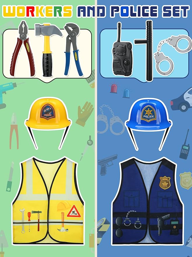 Hungdao 6 Sets Kids Dressing up Costumes, Toddler Dressing up and Pretend for Age 6-10 for Dress up Police,fireman, Doctor,construction Worker, Chef and Explorer