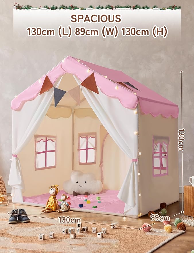 Besrey Kids Playhouse 2 in 1 With Padded Mat and Lights - Large Tent With 2 Doors & 4 Windows for Indoor & Outdoor Use - Christmas Toddler Gift, 51" x 35" x 51"