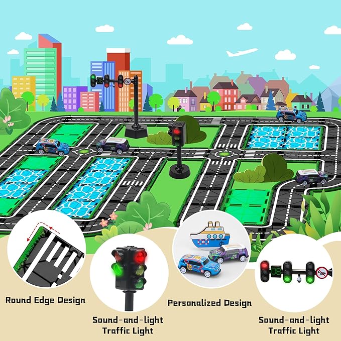 Magnetic Tiles Road Set with Pullback Car & Magnet Ship,Traffic Themed Magnetic Building Tiles Set with Traffic Light,STEM Magnet Tile for Kids Ages 3-5 4-8 5-7,Preschool Educational Kids Toys Gift