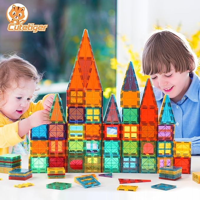 Magnetic Tiles, Magnet Tiles, 100 Pcs Magnetic Building Blocks No Cars, Square Building Castle, Preschool Toys, STEM Stacking Construction Montessori Toys for Kids
