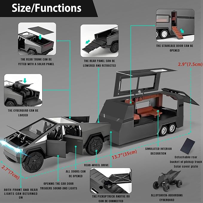 1/32 PickTruck Toy for Kids, Pickup Trailer RV Model Kit with Beach Motorcycle, Diecast Metal RV Car Model Pickup Truck Toy with Sound/Light/Pull Back Power, Ideal Gift for Boys Aged 6 and Up (Grey)