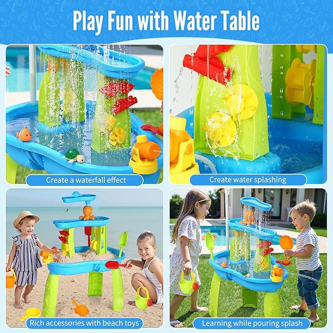 Hugut 2025 Upgraded 3-Tier Sand Water Table with Umbrella – Outdoor Backyard Sensory Activity Table for Kids, Perfect for Boys and Girls Summer Fun