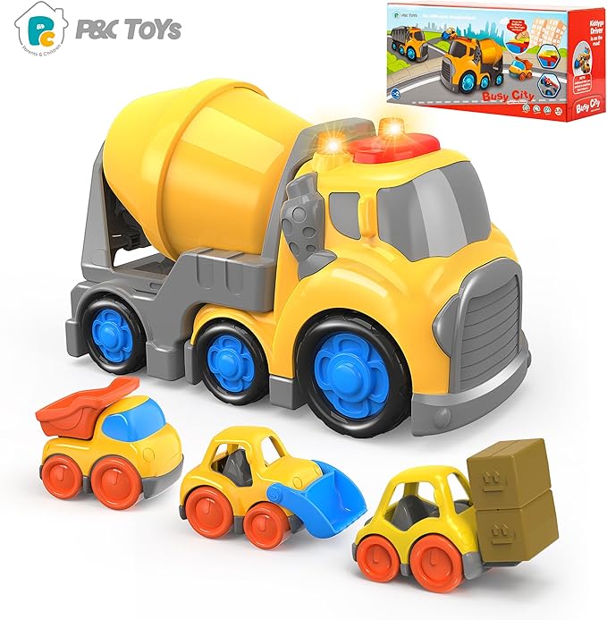 P&C 7.7" Toddlers Construction Cement Mixer Truck Toys for Ages 2-4, Mixer Truck Vehicle Car Set with Sounds and Lights for Kids 18M+, 2, 3, 4 Year Old, Ideal Birthday Christmas Gifts for Boys Girls