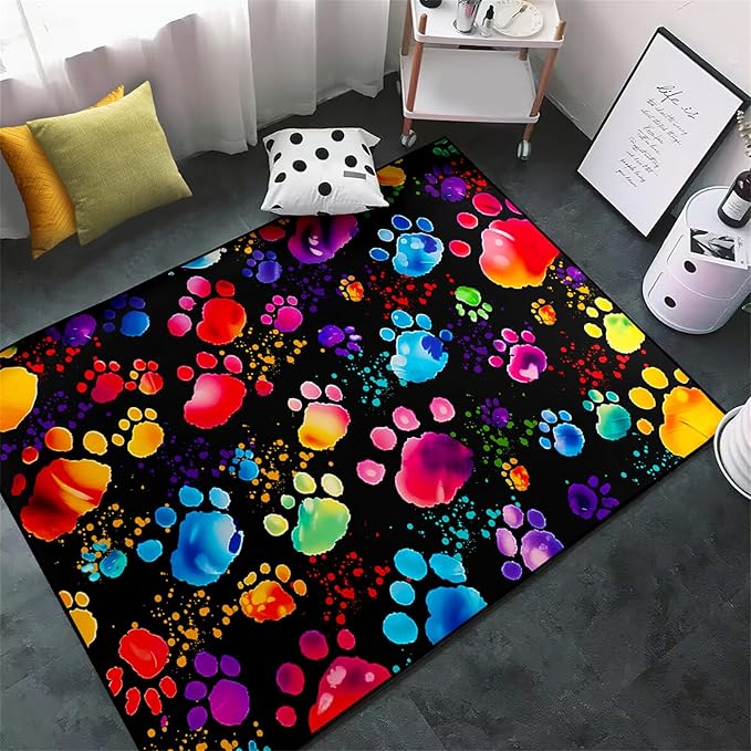Paw Print Rug - Cute Colorful Dog Cat Paw Print Rugs Cartoon Animal Claw Carpet for Kids Bedroom Cute Animal Paw Themed Decorative Carpet for Playroom Soft Decor for Classroom,4'×5'