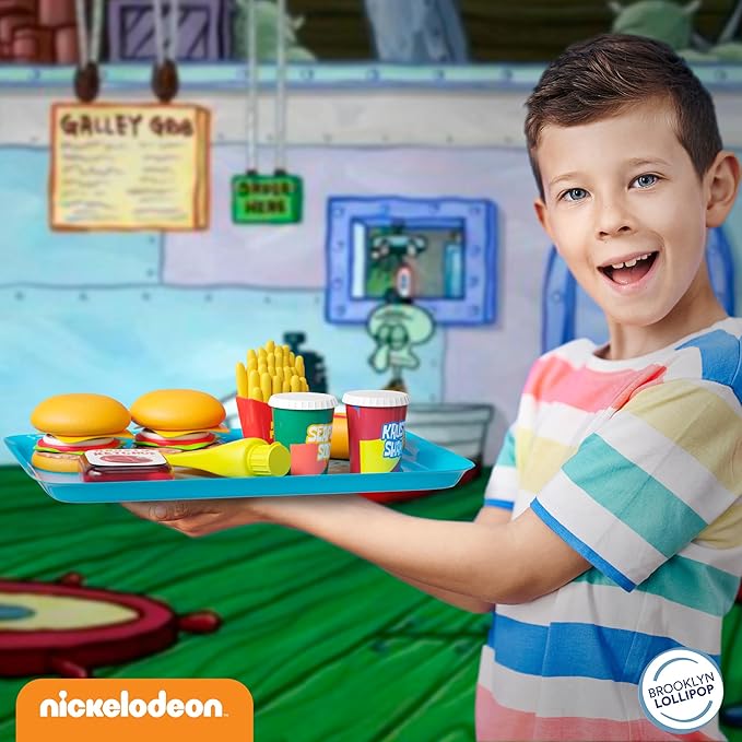 Spongebob Kids Kitchen Playset - Interactive Play Food with 2 Krabby Patty Burgers, Seafoam Shake, Kelp Fries, Spongebob Toys Kitchen Set for Kids Ages 3-5 Includes Velcro Dots