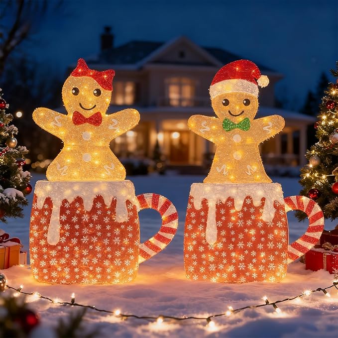 2D Light Up Gingerbread Man Christmas Decorations, 42 Inch Lighted Christmas Outdoor Decorations Yard with 160L, 2Pcs Gingerbread Man Couple Xmas Festive Holiday Front Garden Patio Yard Lawn Display
